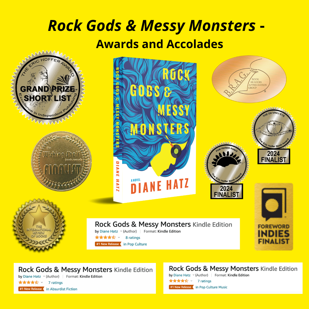 Rock Gods and Messy Monsters book cover and medallions of awards won