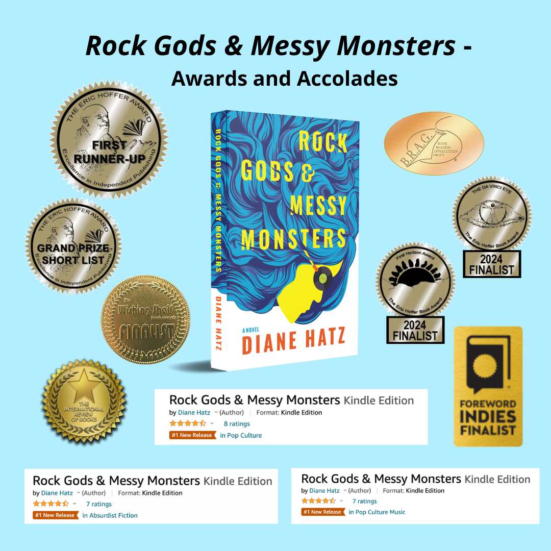Rock Gods and Messy Monsters book cover and medallions of awards won