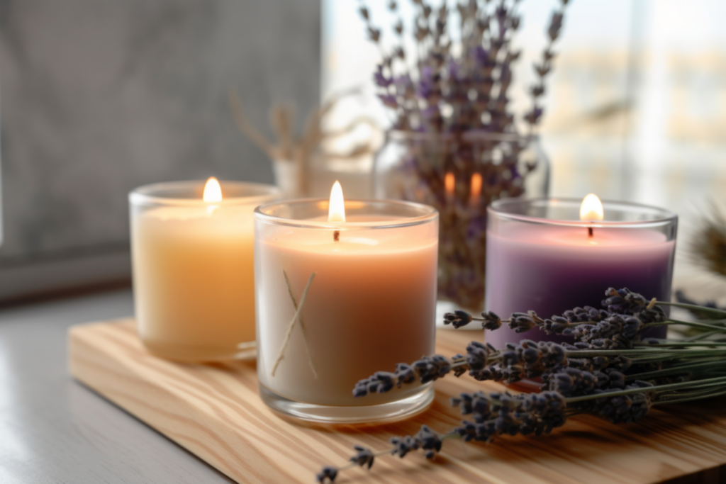 three lit candles on a wooden board